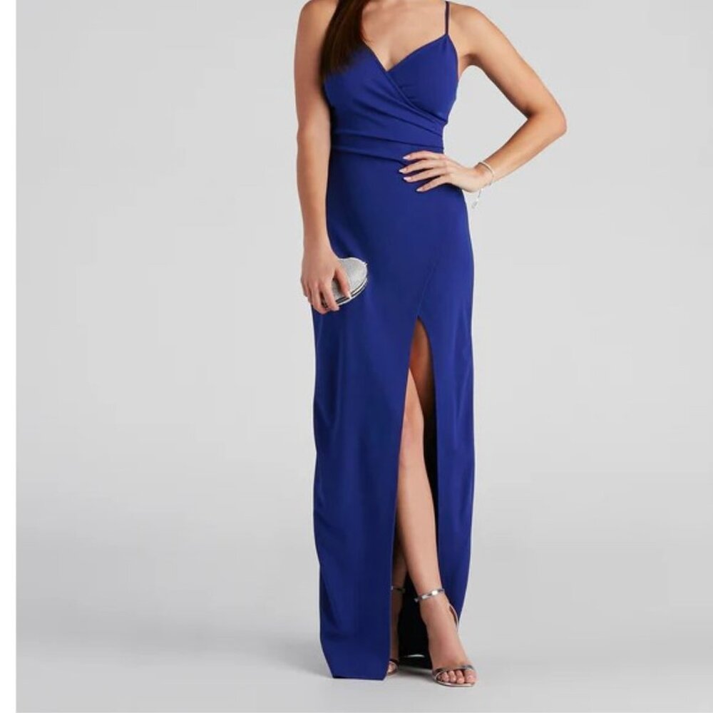 Windsor Royal Blue Spaghetti Strap Prom Gown with Thigh Slit